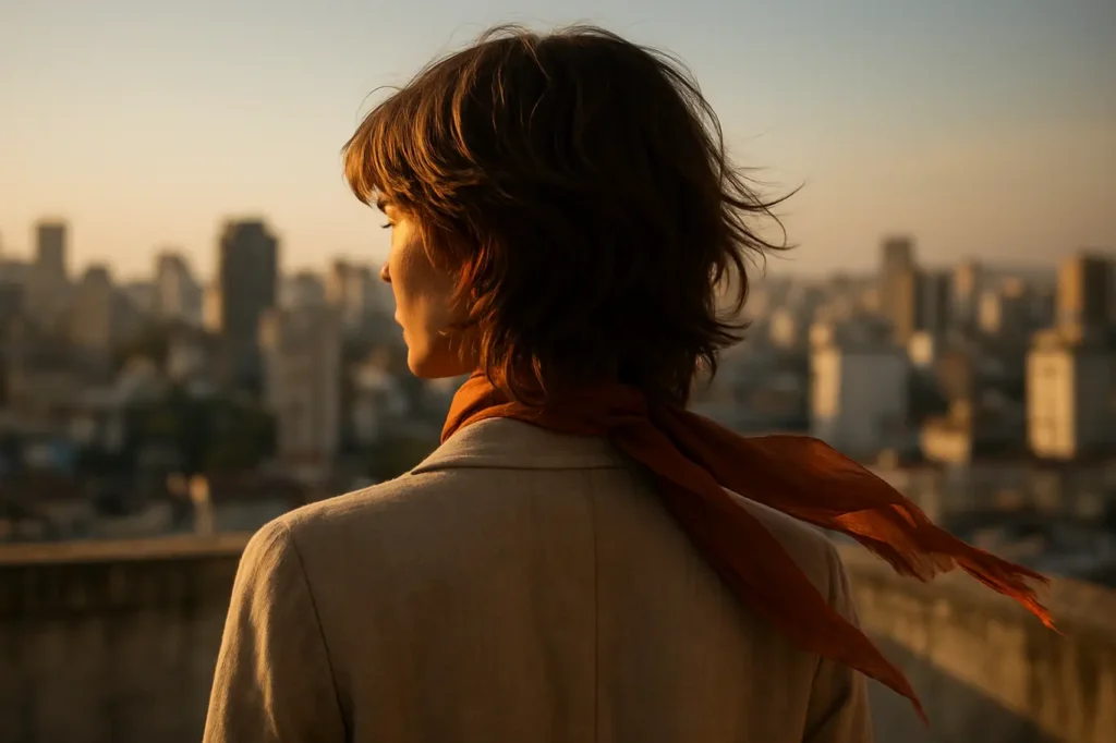 O corte de cabelo tendência 2026 que você vai querer amanhã Pessoa vista de três quartos pelas costas no telhado ao pôr do sol com corte texturizado tendência 2026