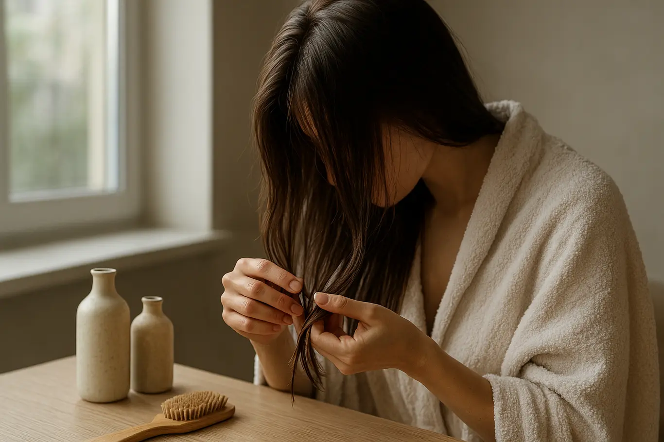 Pessoa em ambiente interno junto à janela aplicando produto nas pontas do cabelo, rosto não visível.
