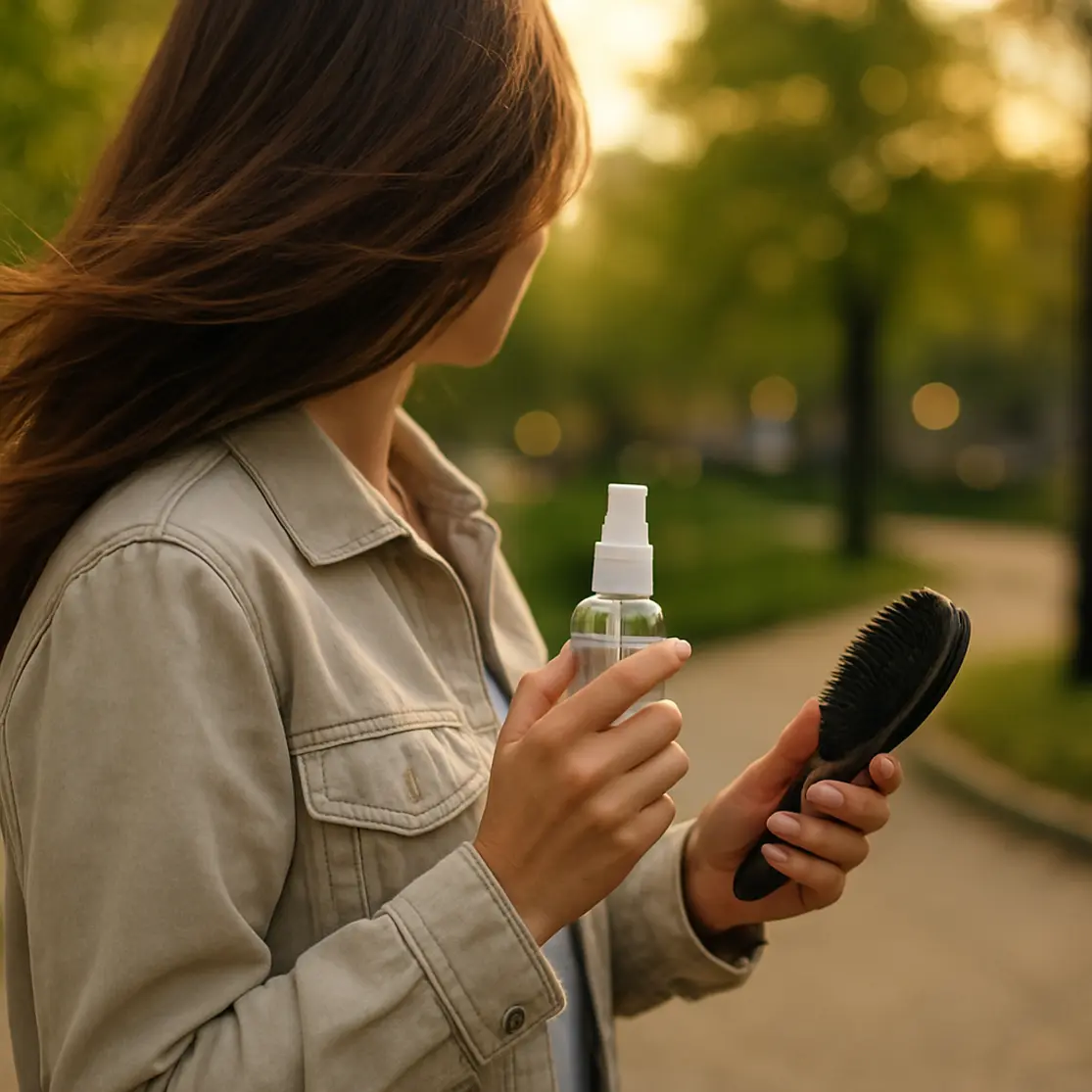 Pessoa caminhando em parque ao pôr do sol, segurando spray protetor térmico e escova, cabelo longo alinhado, rosto não visível.