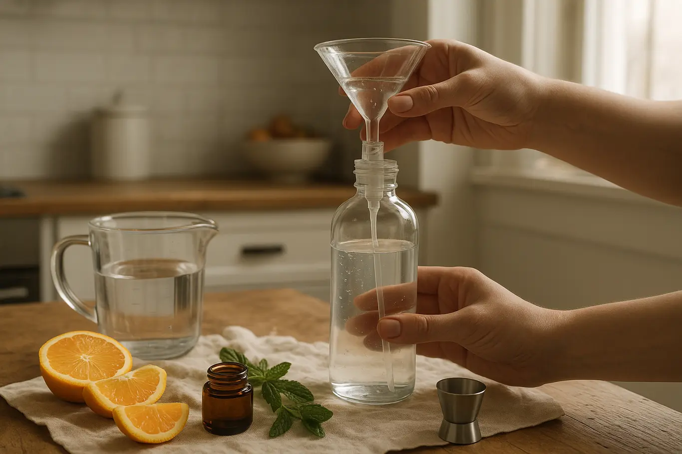 Mãos preparando body splash caseiro em bancada de cozinha iluminada por janela, com ingredientes à vista