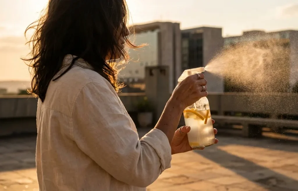 Tronco e mãos segurando frasco spray com body splash caseiro em varanda de Brasília ao pôr do sol