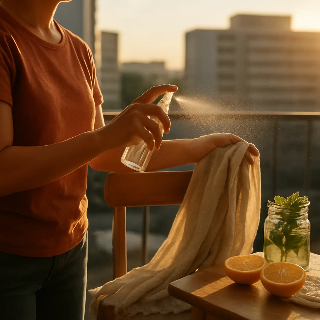 Pessoa dos ombros para baixo borrifando body splash caseiro em lenço numa varanda ao entardecer
