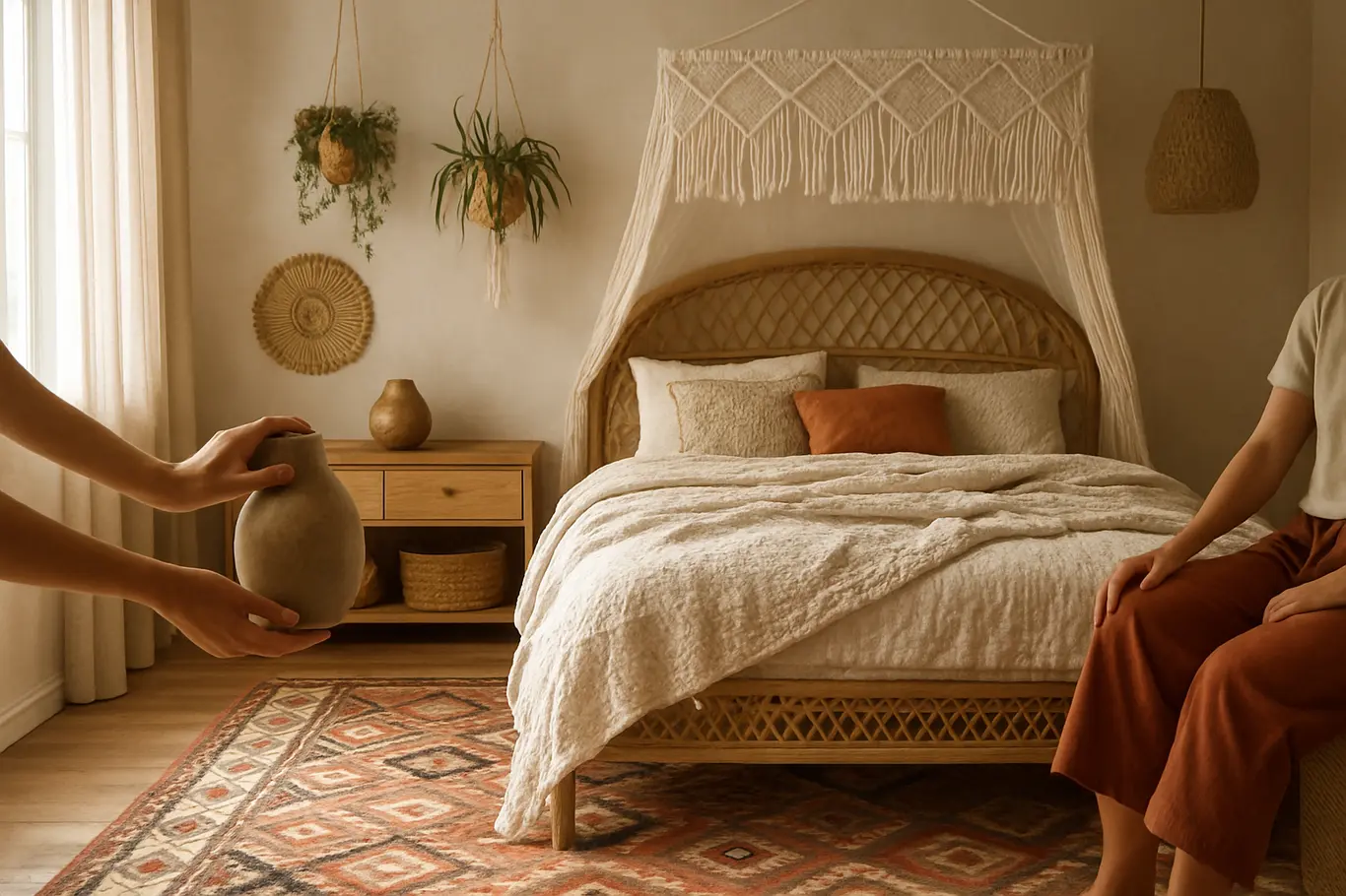 Visão ampla do quarto boho feminino com mãos arrumando um vaso e móveis naturais.