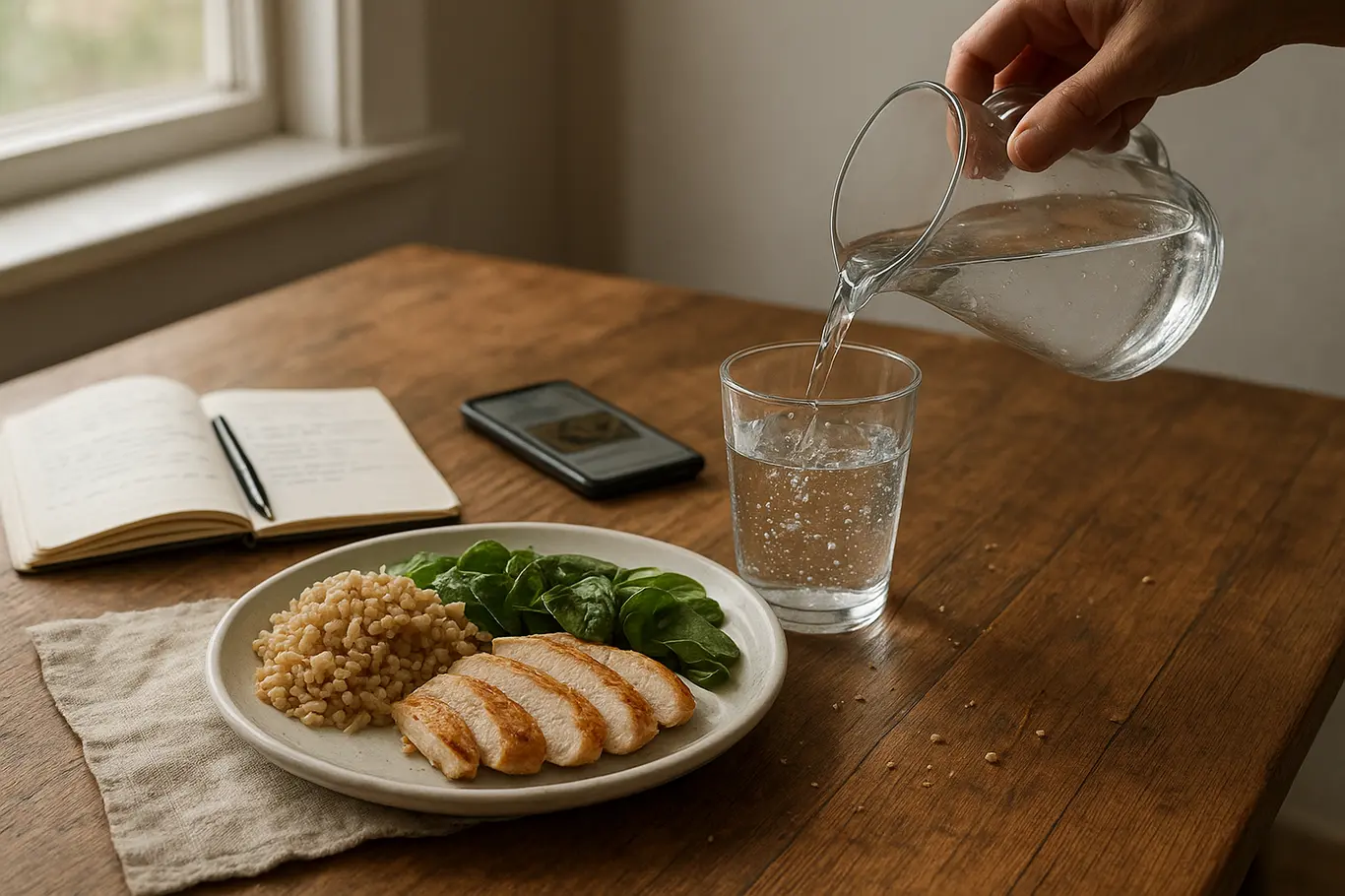 Mesa com porções equilibradas, copo d'água sendo servido e caderno de planejamento alimentar, sem rosto visível
