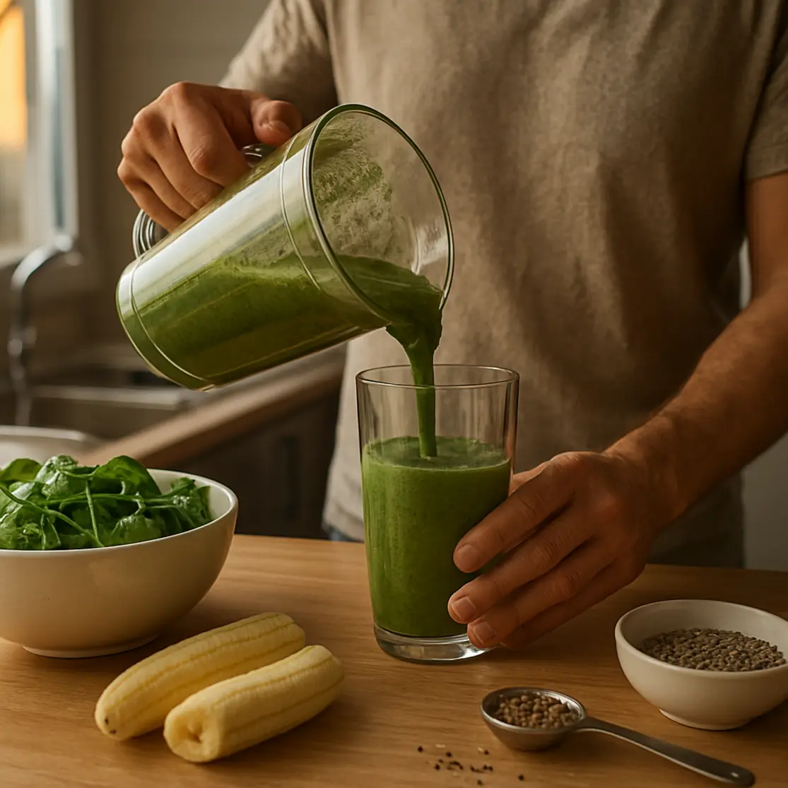 Mãos servindo smoothie verde em copo na bancada, frutas e sementes ao redor, pessoa sem rosto ao fundo
