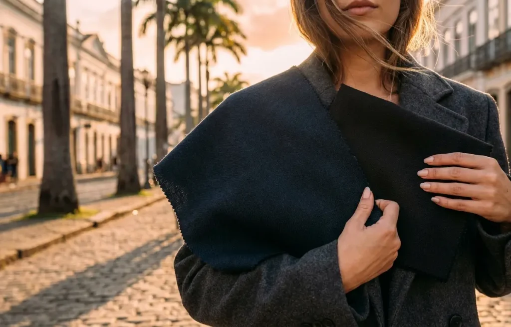 Pessoa de meio-corpo segurando amostras de tecido preto azulado na rua ao entardecer