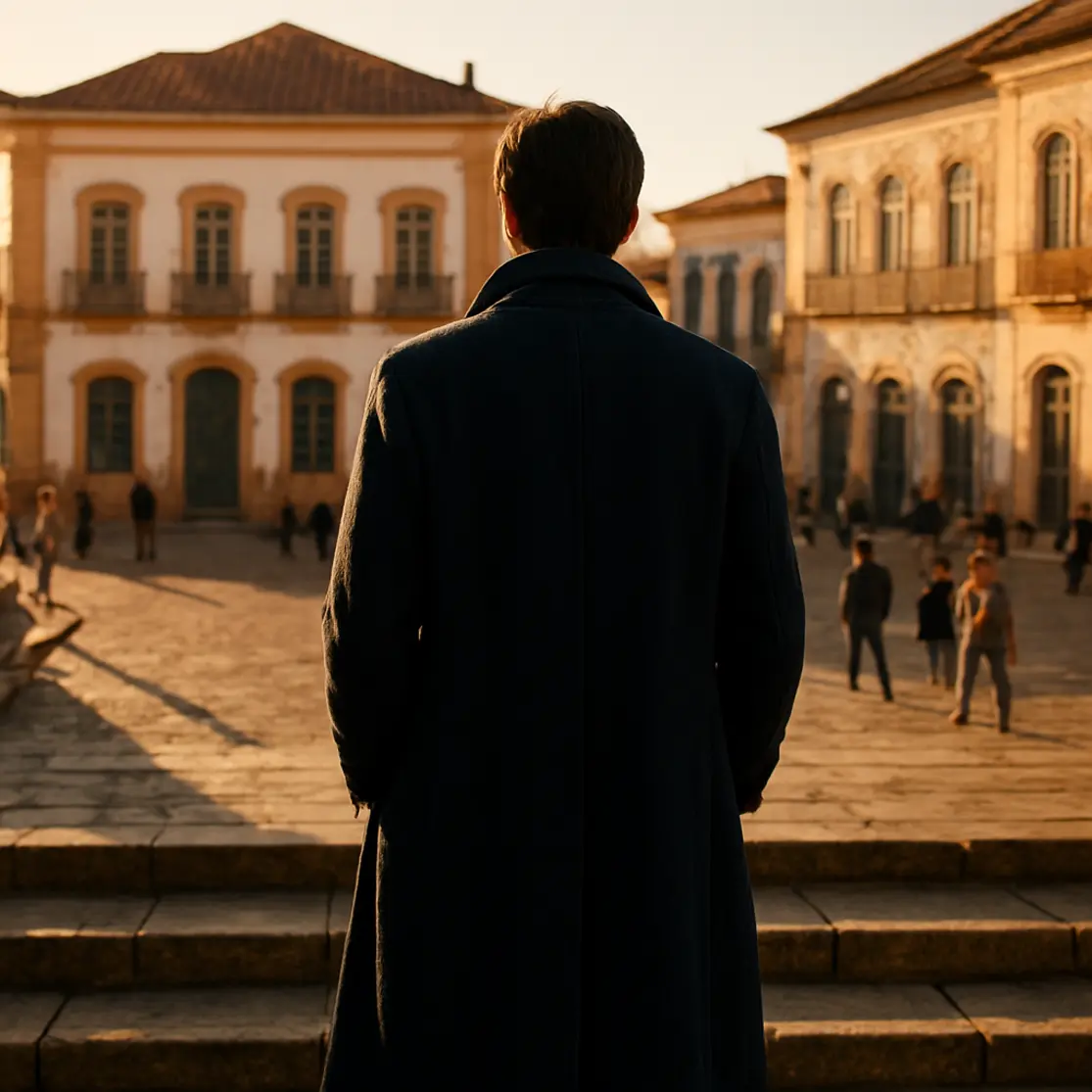 Pessoa de costas com casaco preto azulado na escadaria de uma praça colonial brasileira ao entardecer