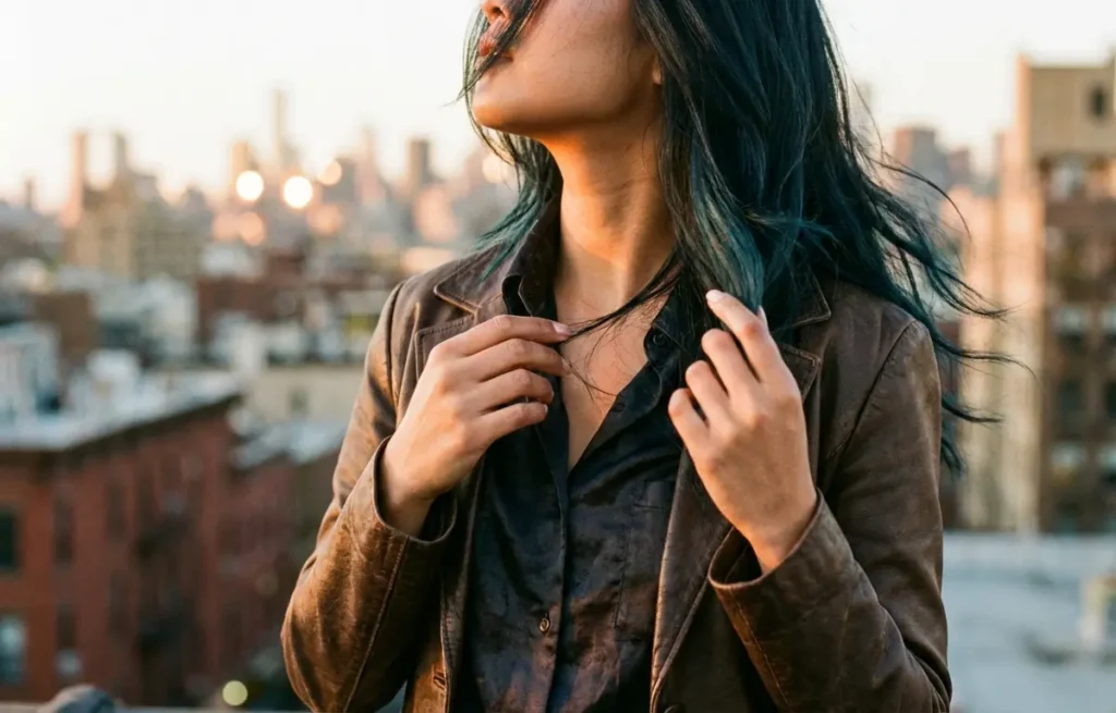 Qual tom de pele combina com cabelo preto azulado? Pessoa de meio-corpo com cabelo preto azulado ao pôr do sol, rosto virado
