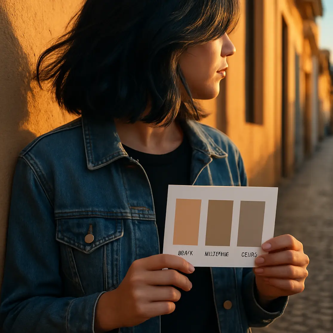Pessoa encostada em parede de café, cabelo preto azulado, segurando moodboard de tons