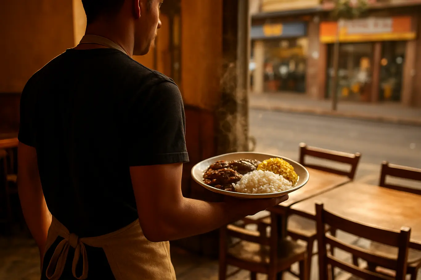 Fachadas e mesas externas de restaurantes em rua de Taguatinga ao pôr do sol, sem rostos visíveis