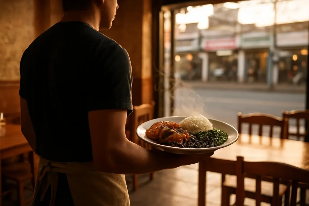 Garçom visto de costas segurando um prato em restaurante de Taguatinga durante a hora dourada