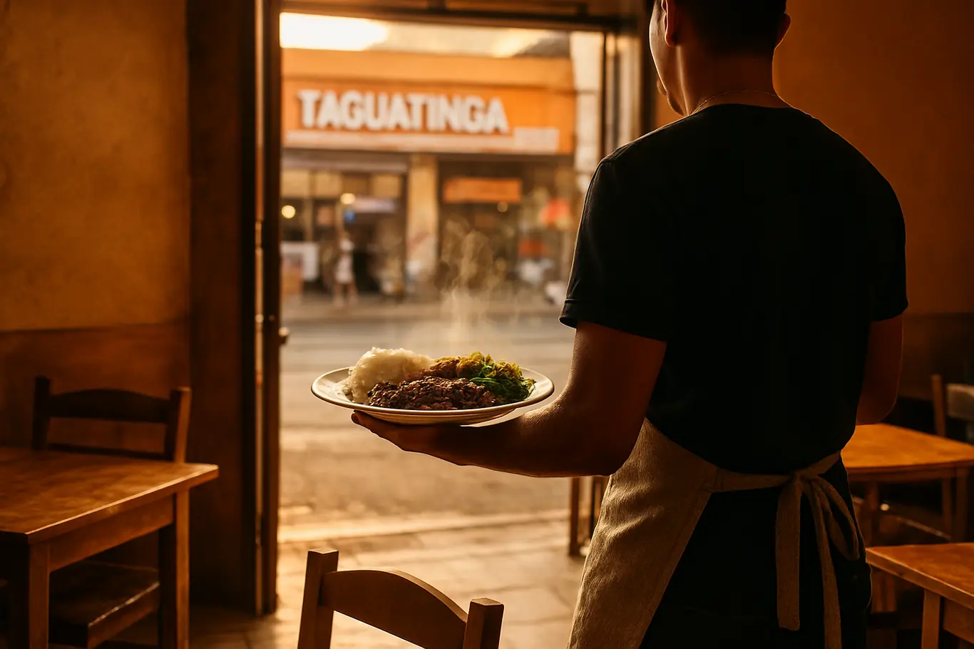 Mãos do chef montando um prato em bancada iluminada por janela, cozinha de restaurante em Taguatinga