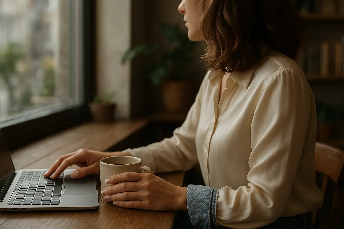 Mãos apoiadas em mesa de café junto a laptop mostrando unhas francesinhas modernas 2026 em luz de janela suave
