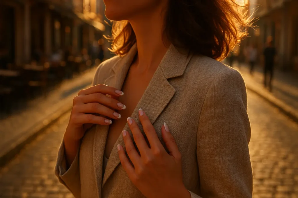 Unhas francesinhas modernas 2026: ideias elegantes para o dia a dia Mulher cintura para cima em rua brasileira ao pôr do sol mostrando unhas francesinhas modernas 2026