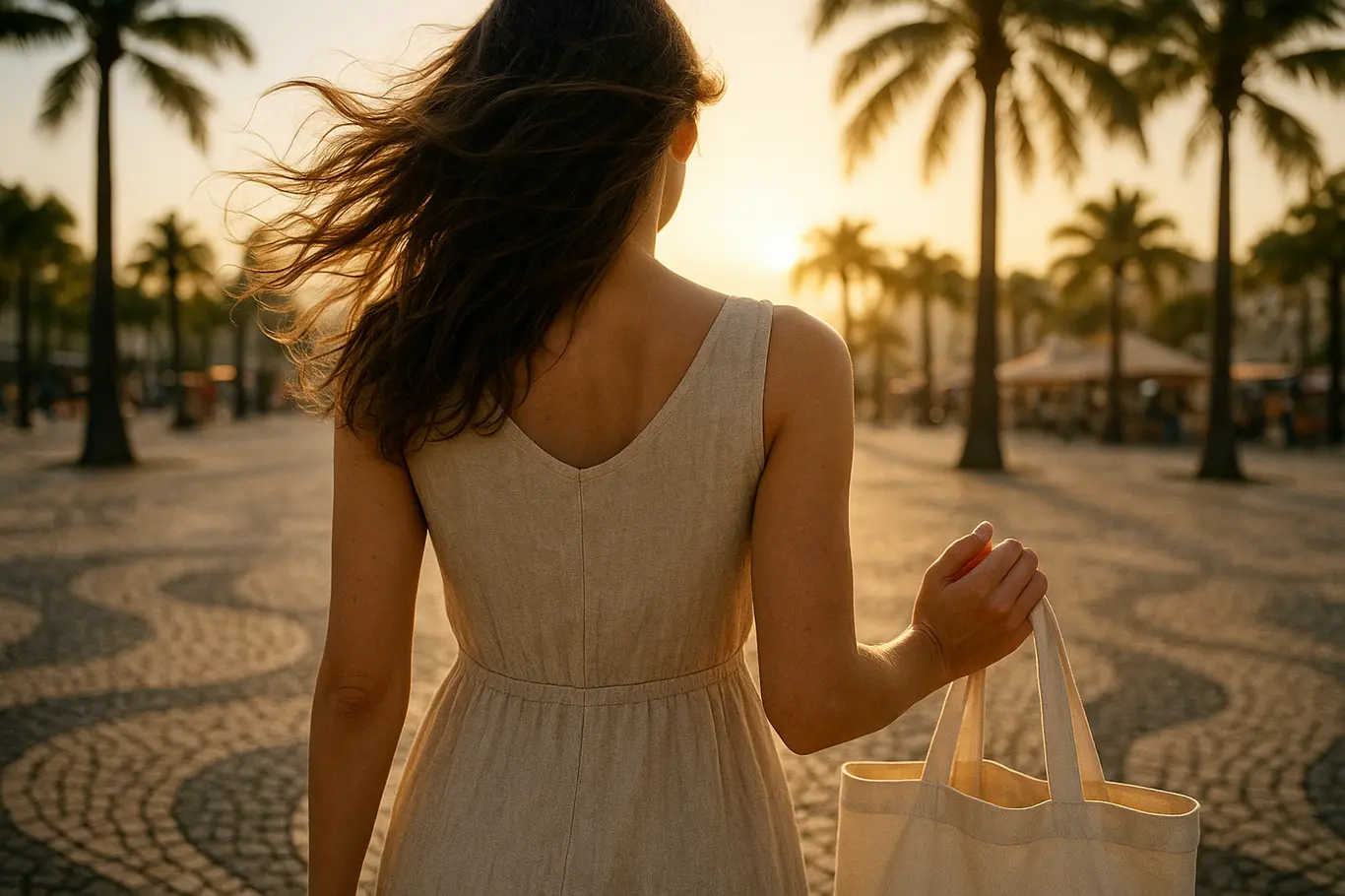 Pessoa de costas caminhando por praça brasileira ao pôr do sol segurando tote que revela unhas francesinhas modernas 2026