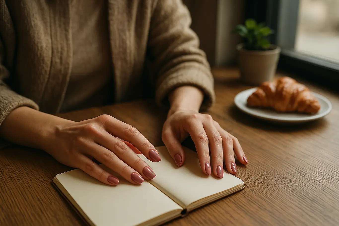 Mãos apoiadas numa mesa de café com unhas stiletto 2026 em tom rosé e brilho pontual.