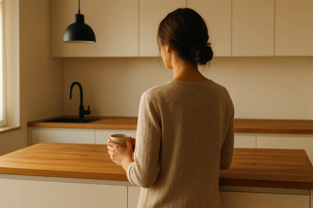 Pessoa de costa à bancada de cozinha minimalista moderna com bancada de madeira e armários brancos