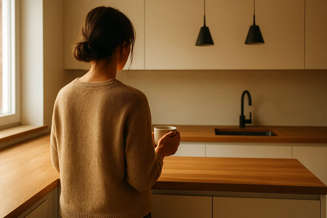 Mãos cortando ervas sobre bancada de concreto em cozinha minimalista, com pia e torneira preta