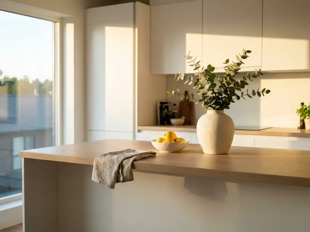 Ilha de cozinha minimalista elegante com vaso cerâmico e tigela de limões, iluminação quente