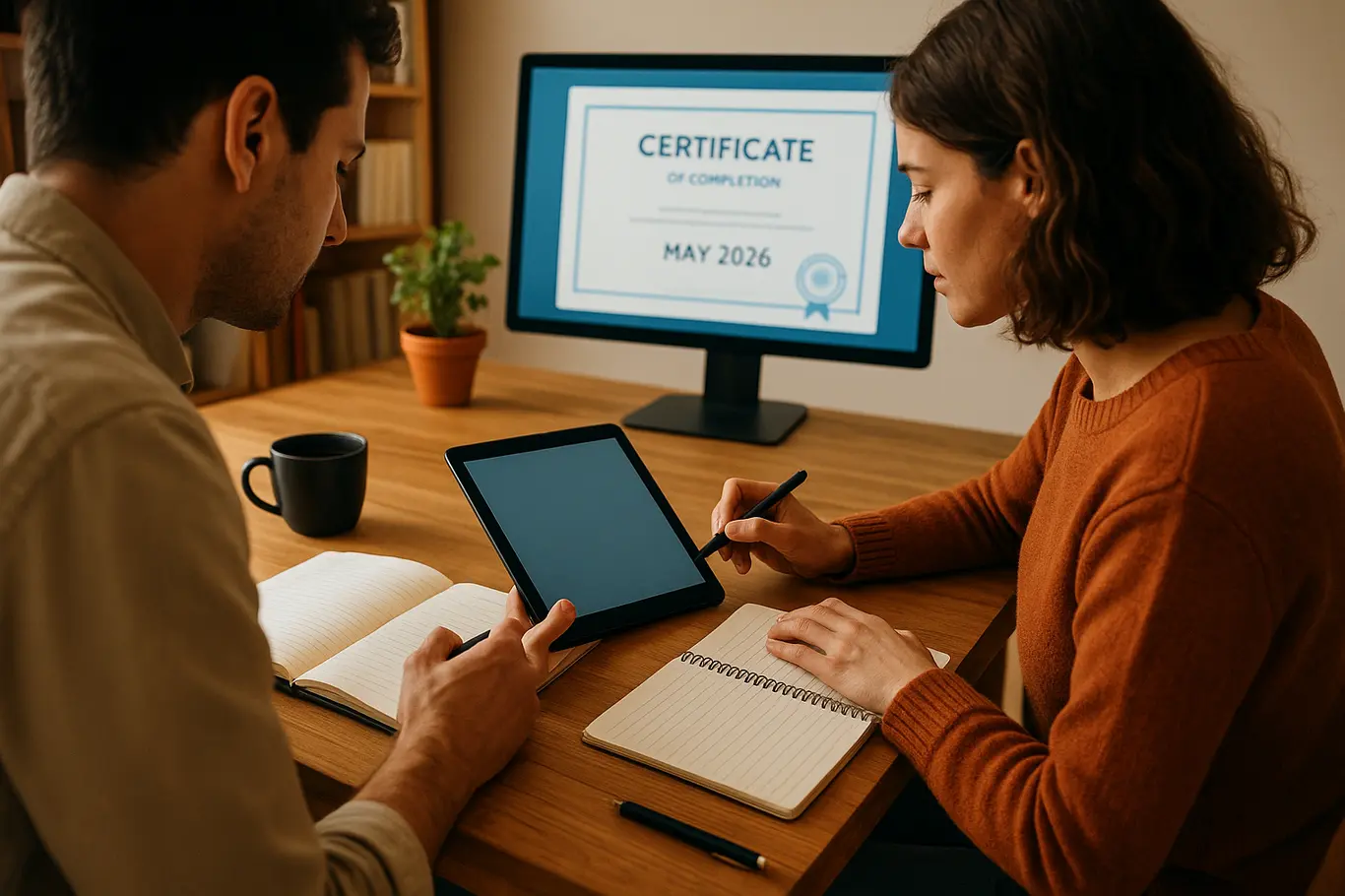 Estúdio de estudo com duas pessoas consultando tablet e materiais espalhados