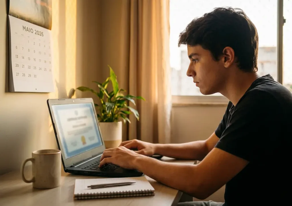 Pessoa em 3/4 usando laptop com certificado digital desfocado em home office
