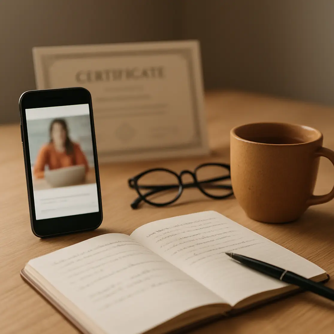 Mesa com smartphone, certificado impresso desfocado e materiais de estudo