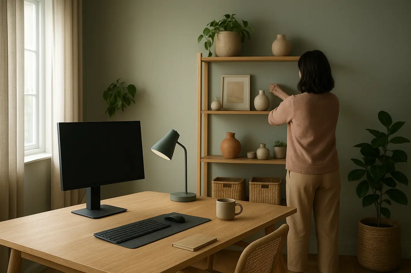 Ambiente amplo de home office feminino com prateleiras, plantas e iluminação natural