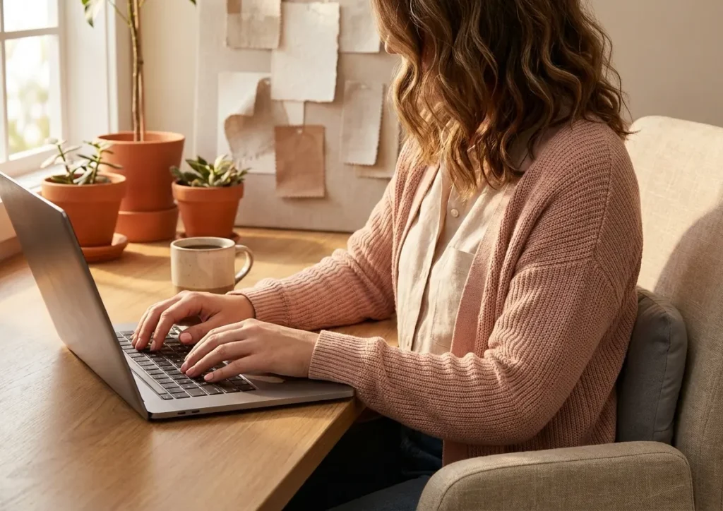 Mulher de costas em home office feminino com iluminação quente e mãos sobre o teclado