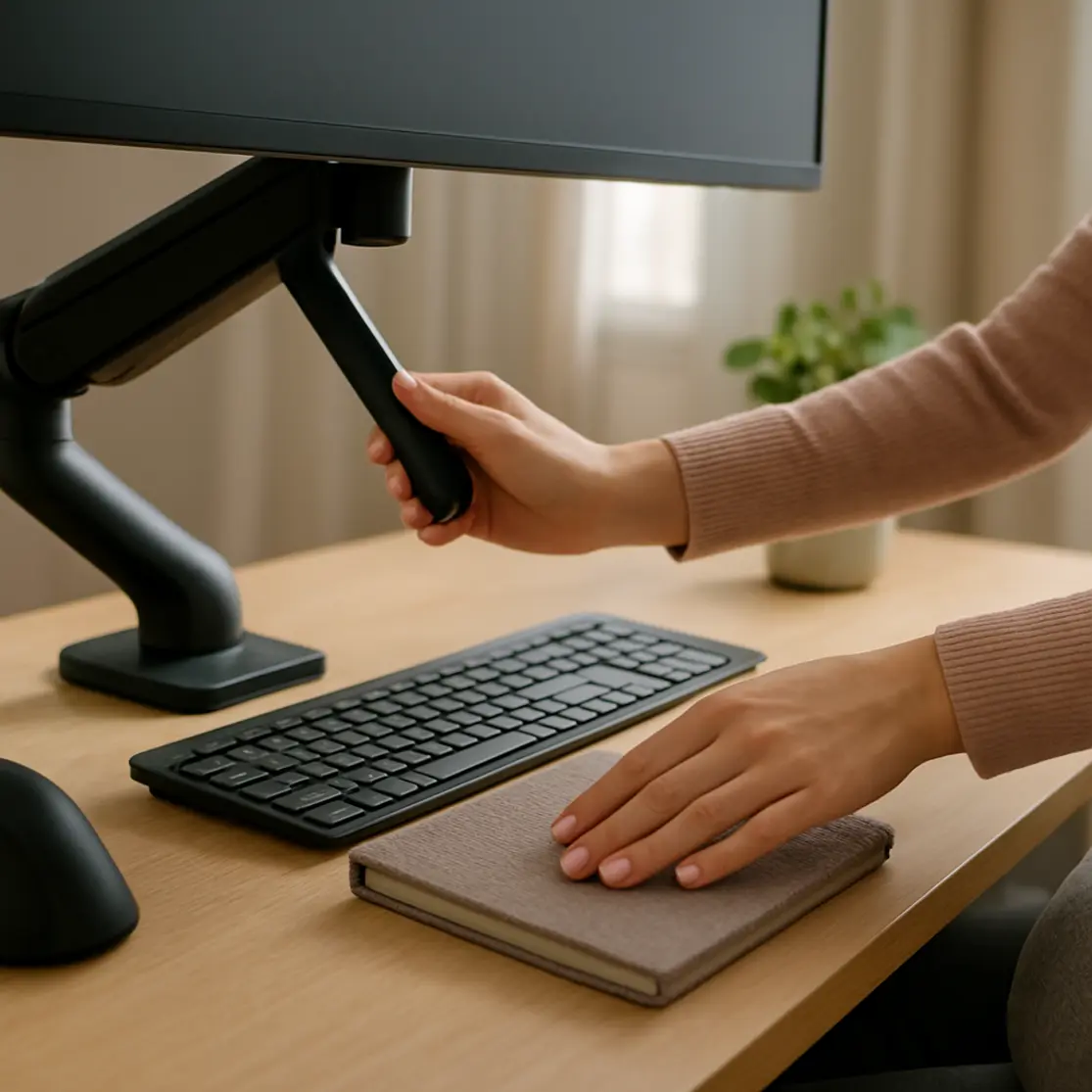 Detalhe de mãos ajustando monitor e itens ergonômicos em mesa feminina