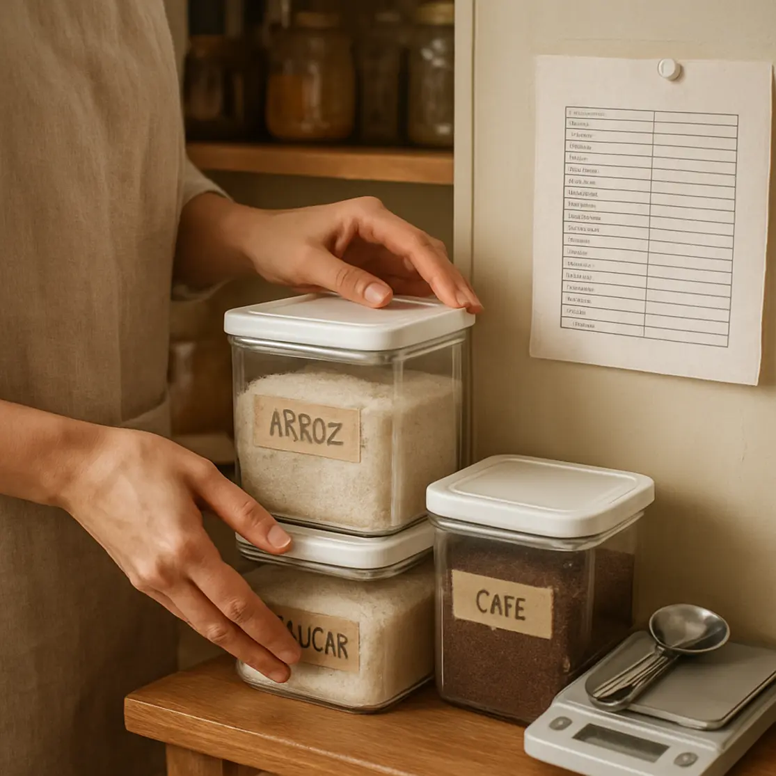 Mãos ajustando balança de cozinha e alinhando potes selados em despensa compacta com lista de inventário colada na porta