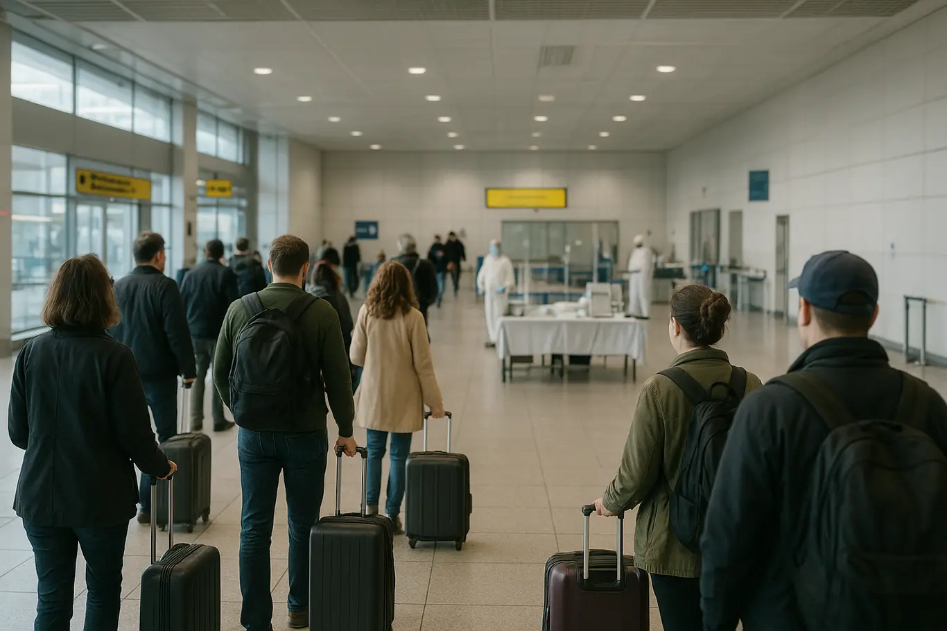 Saguão de desembarque com passageiros de costas e equipe de vigilância sanitária ao fundo