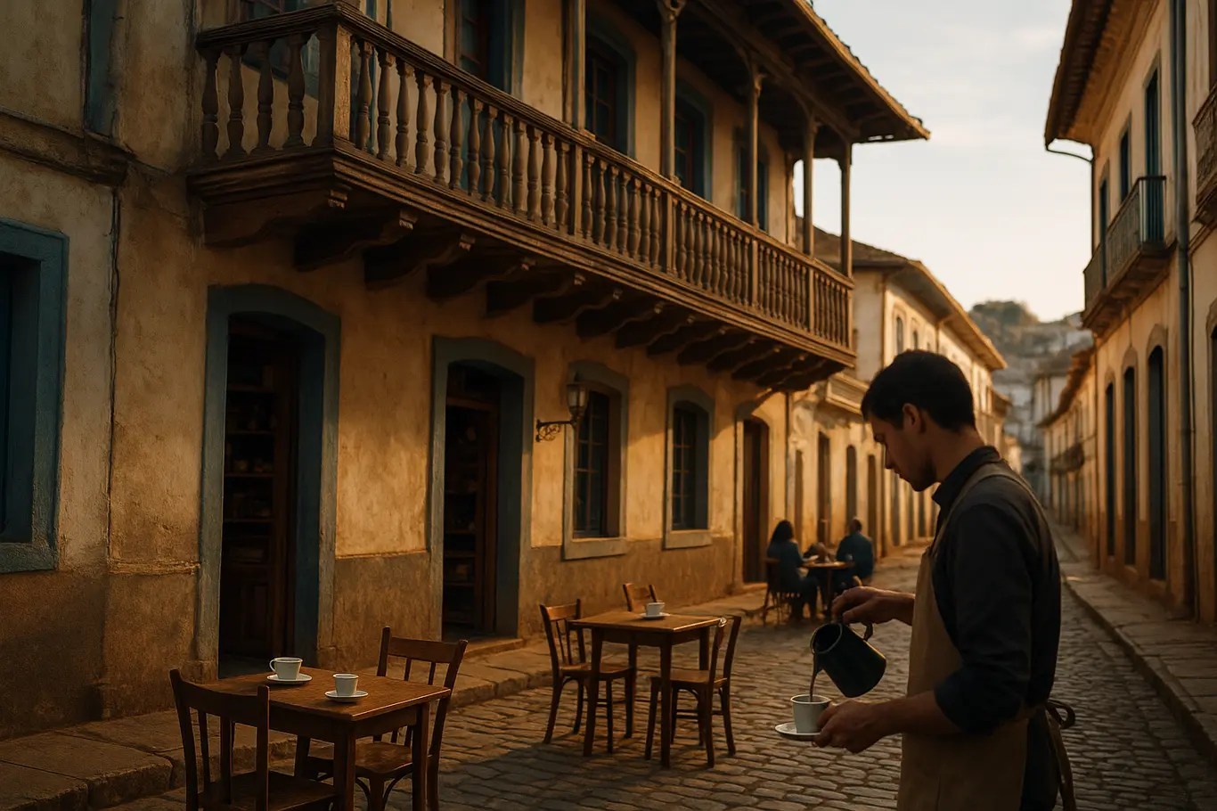 Balcão colonial e café na calçada em Diamantina com pessoa em perfil servindo café