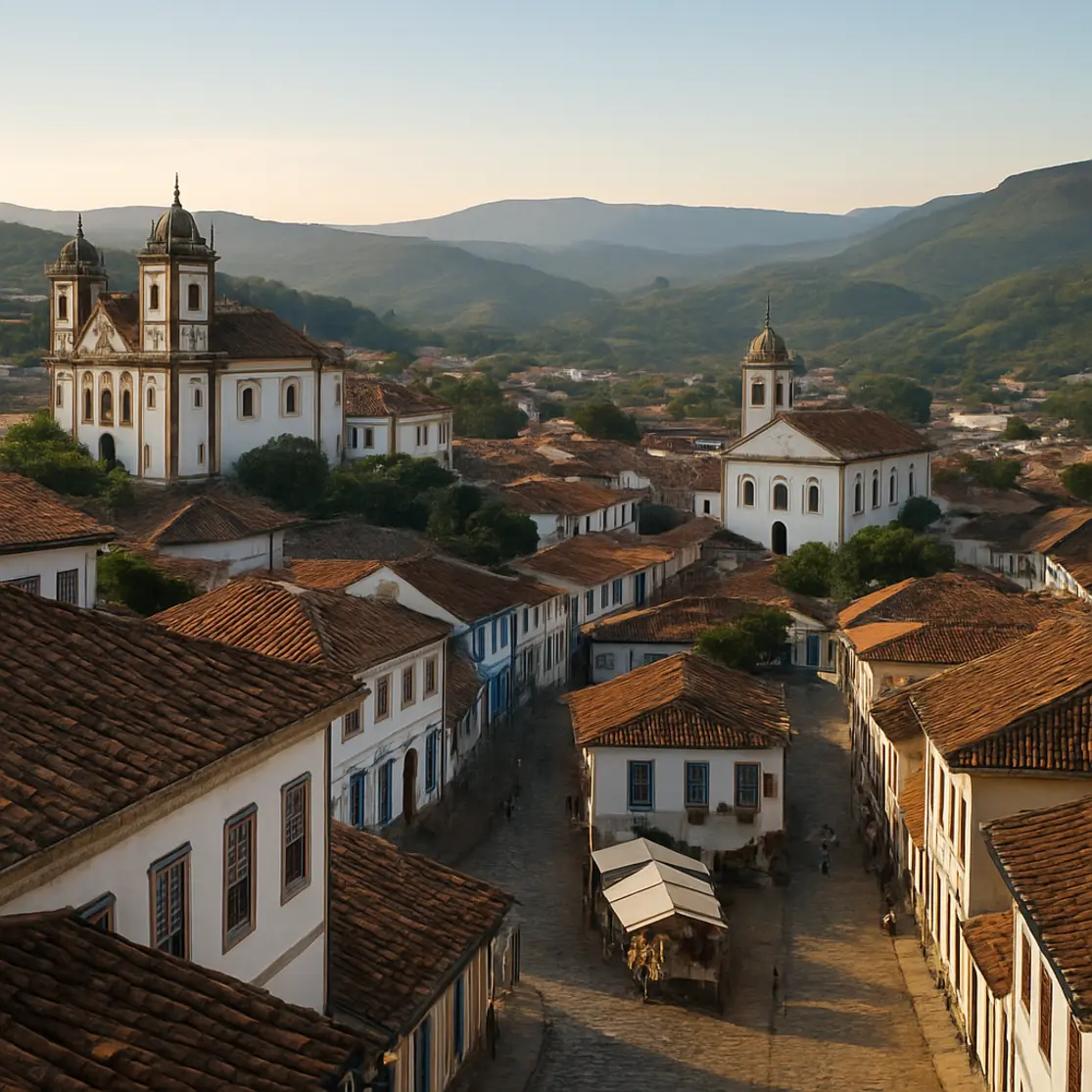 Panorama de Diamantina com telhados coloniais, igrejas e serra ao fundo visto de mirante