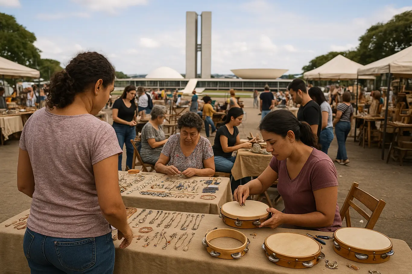 Feira de artesanato e instrumentos do festival com artesãs de costas e mãos trabalhando pandeiros