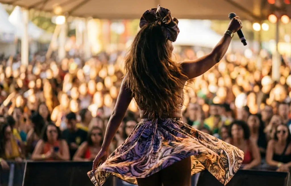 Cantora de samba de costas no palco, braço erguido segurando microfone, público desfocado ao fundo