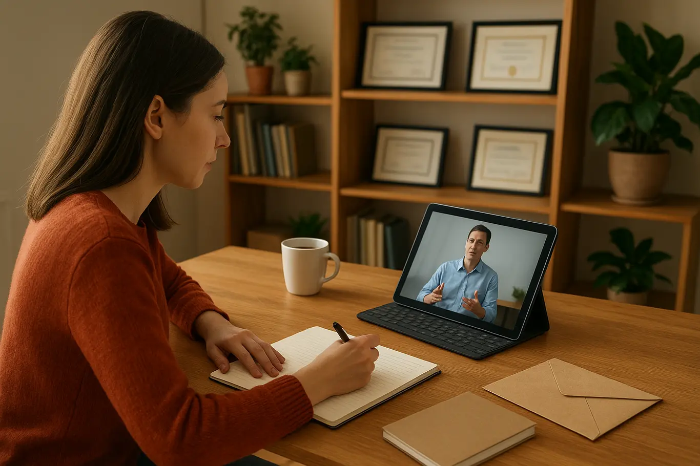 Home office amplo com tablet em aula online, livros e documentos desfocados ao fundo.