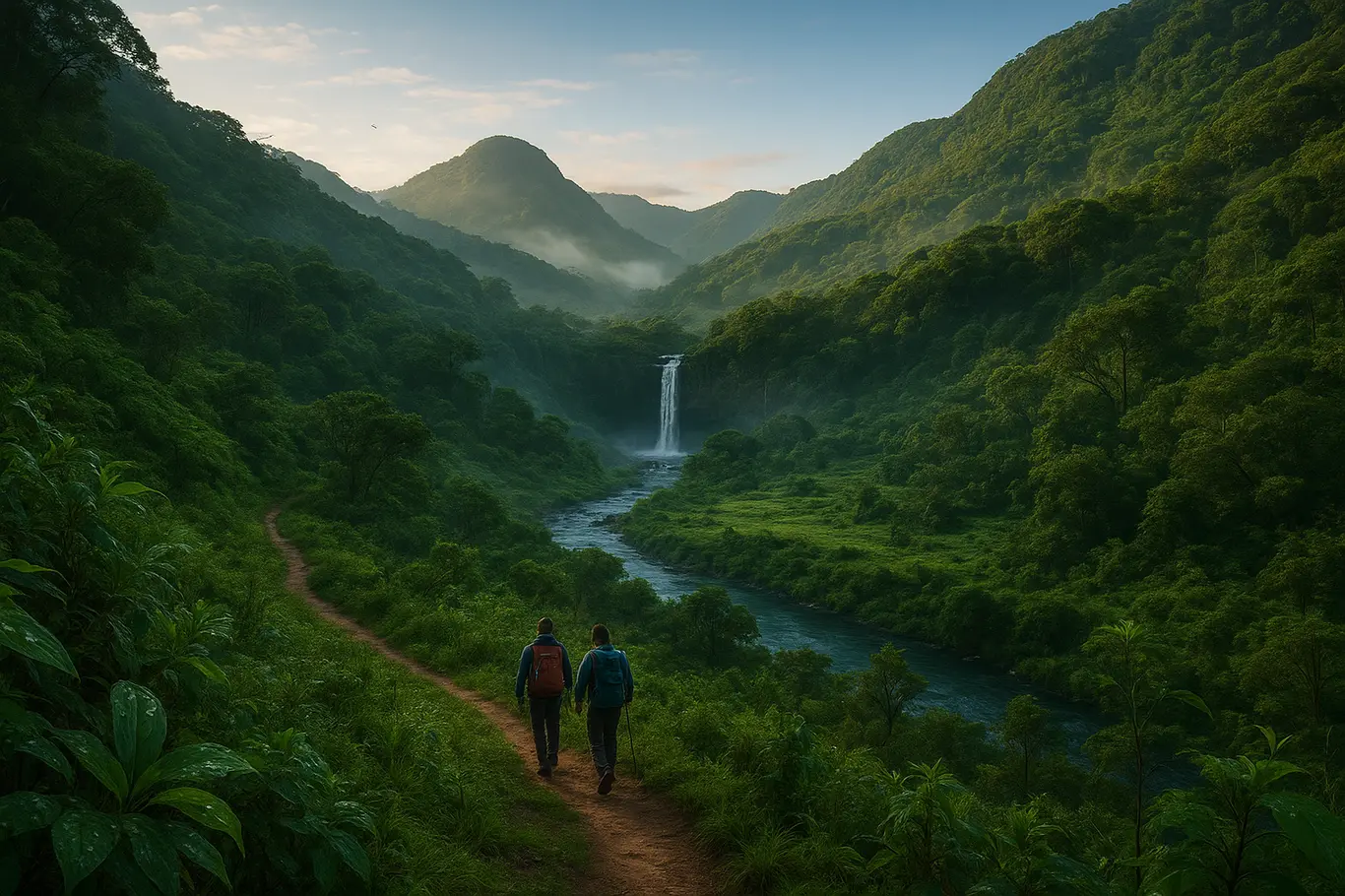 Vale exuberante com trilha serpenteante, dois caminhantes de costas e cascata ao fundo.