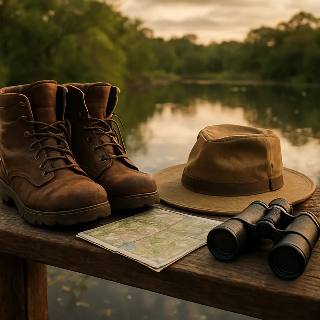 Botas de trilha e chapéu sobre corrimão de madeira com lagoa e manguezal ao fundo.