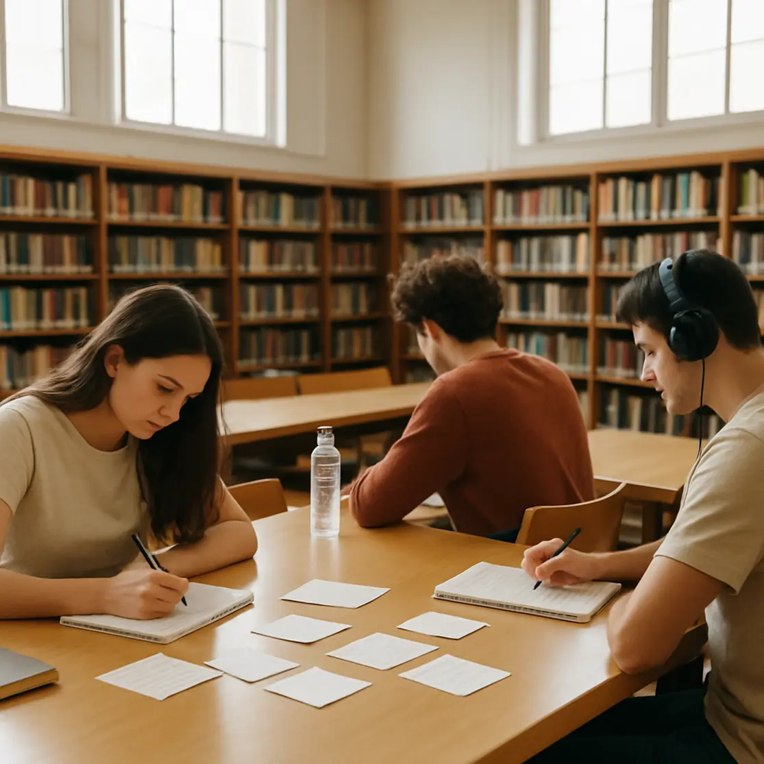 Ambiente de estudo coletivo com estudantes concentrados em mesas