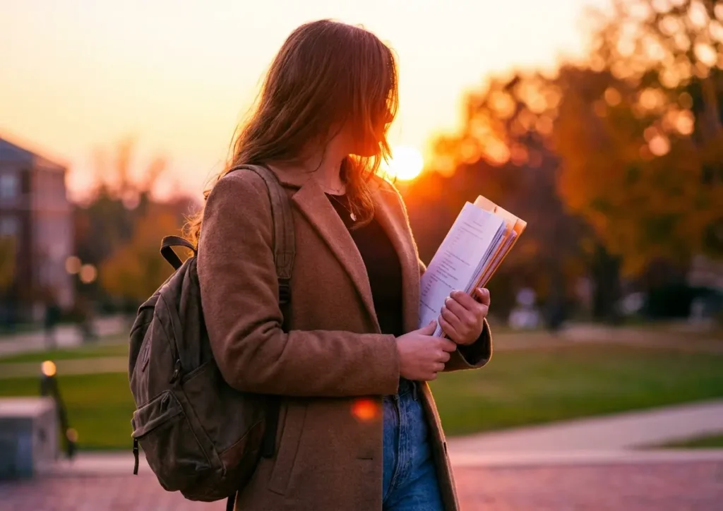 Estudante em 3/4 com pasta de provas no campus ao pôr do sol