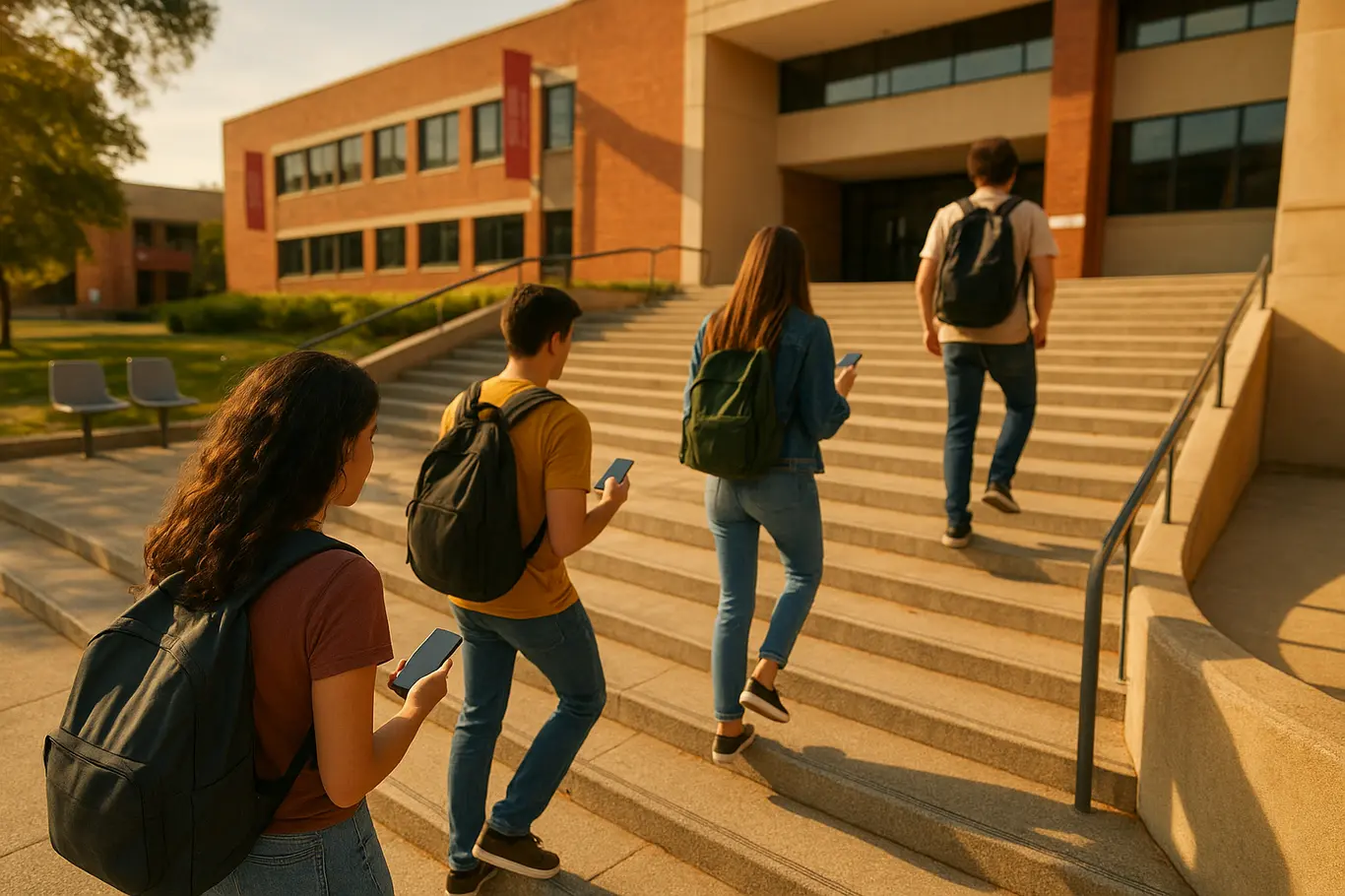 Grupo de estudantes subindo escadaria da universidade em luz dourada