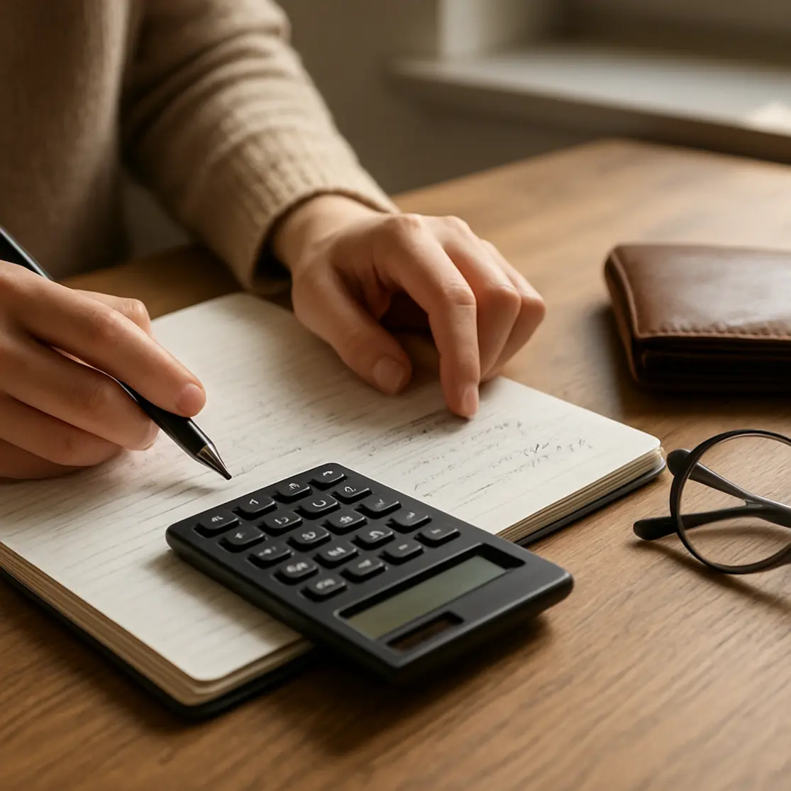 Mesa de estudo com mãos organizando materiais e calculadora