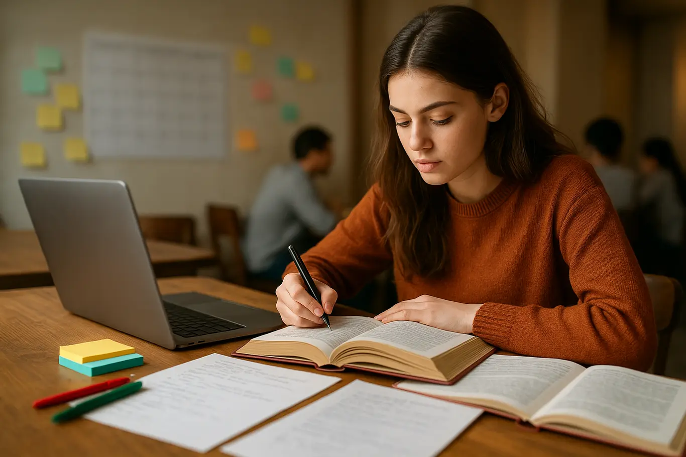 Mesa de estudo ampla com livros abertos, laptop e anotações, estudante lateral trabalhando