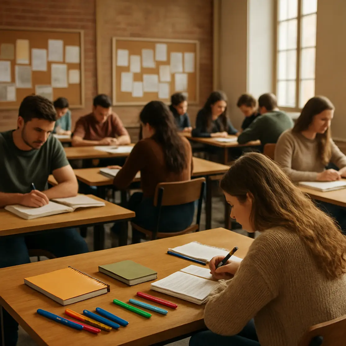 Ambiente de estudo coletivo com estudantes de perfil, mesas com livros e materiais, iluminação natural