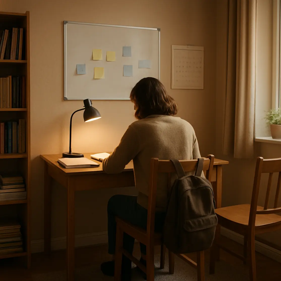 Ambiente de estudo com mesa, prateleiras, quadro com post-its e pessoa de costas estudando.