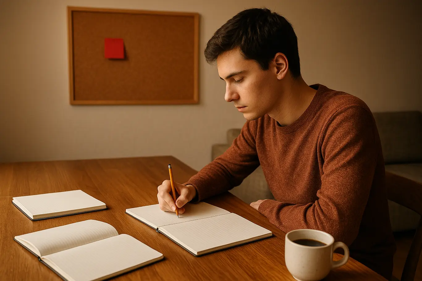 Cena ampla de estudo com painel de cortiça e post-it vermelho ao fundo