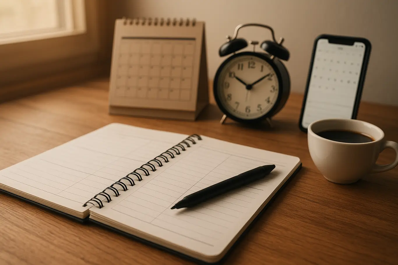 Mesa de estudo com caderno, calendário desfocado e smartphone, ambiente de preparação para o ENEM 2026