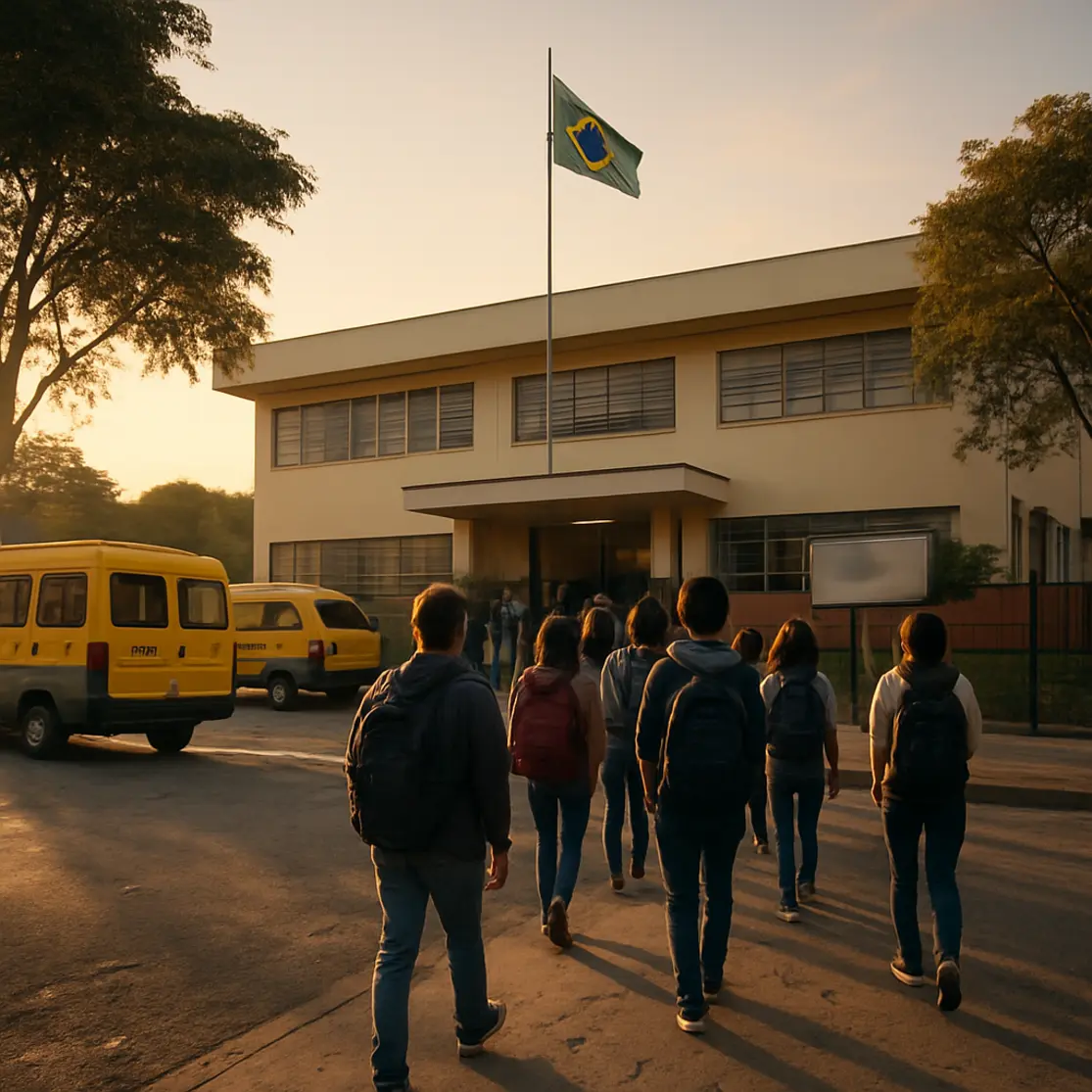 Fachada de escola com estudantes de costas formando fila na entrada, cenário do dia de prova do ENEM 2026
