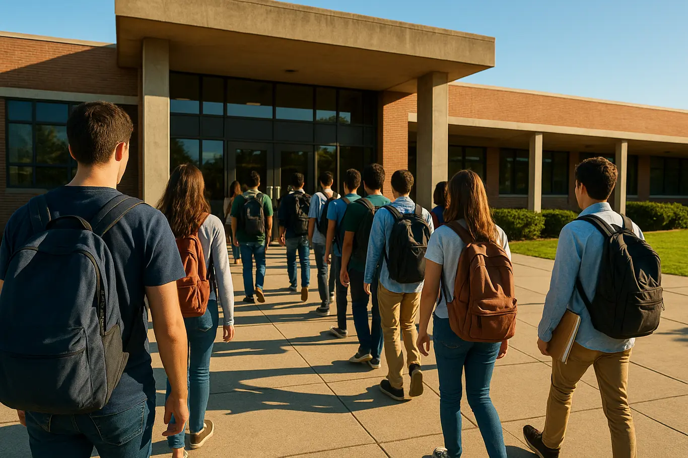 Fila de candidatos entrando em escola no dia da prova, visão ampla da entrada