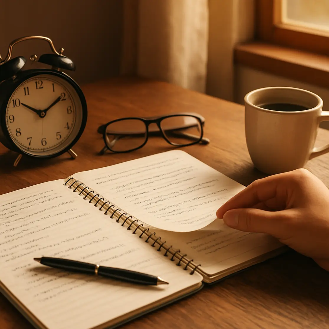 Mesa de estudo com caderno aberto, relógio e mão virando página, ambiente de preparação